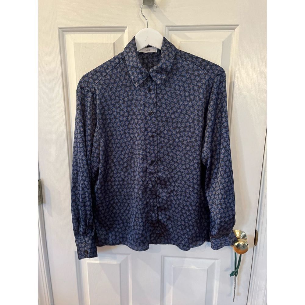 Mango Blue Satin Floral Print Button Down Shirt sz 4 EUC